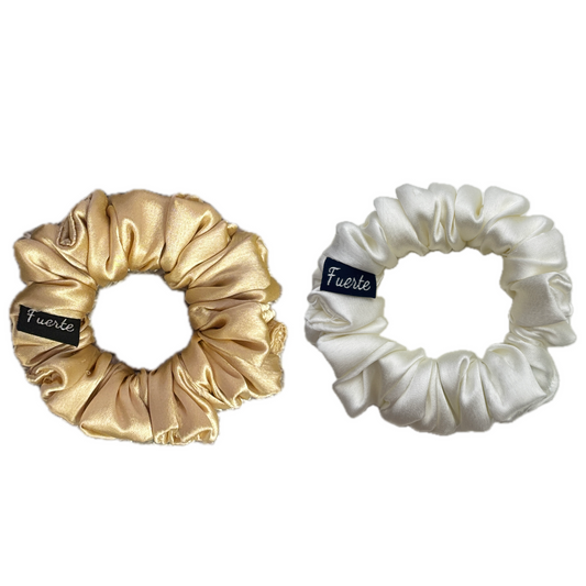 Champagne Gold/White 2-Pack Satin Scrunchies Set for Women